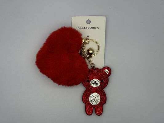 Various Colors Geometric Bear Key Chain with Furry Heart and Golden Details
