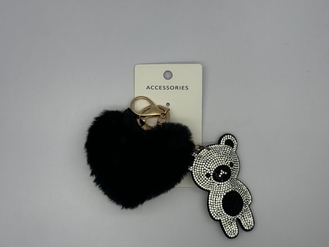 Various Colors Geometric Bear Key Chain with Furry Heart and Golden Details